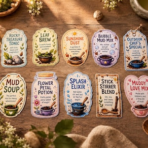 May include: A collection of nine decorative stickers featuring whimsical potion and recipe themes with titles like Rocky Treasure Tonic, Leaf Brew, Sunshine Dust, Bubble Mud Mix, Outdoor Chef's Special, Mud Soup, Flower Petal Potion, Splash Elixir, Stick Stirrer Blend, and Muddy Love Mix.