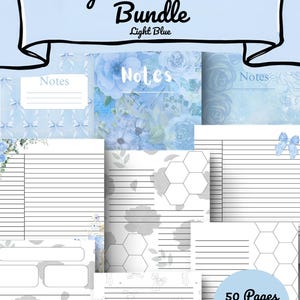 May include: A digital notebook bundle in light blue featuring various page layouts with floral, bow, and honeycomb patterns. The text reads Digital Notebook Bundle, Light Blue, Notes, and 50 Pages 10 Covers. The designs include lined paper.