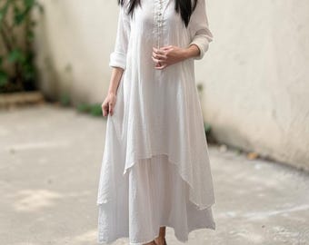 V Neck Layered Maxi Dress: Long Sleeve Loose Boho Flowy Dress