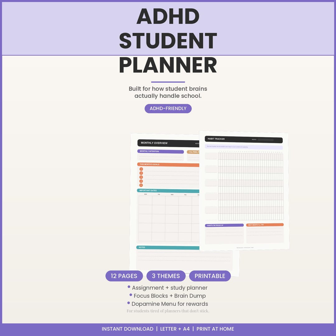 ADHD Student Planner Printable, Homework Tracker, Study Planner ...