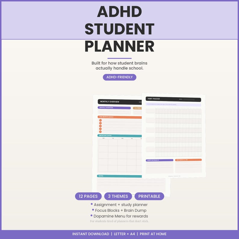 ADHD Student Planner Printable, Homework Tracker, Study Planner ...