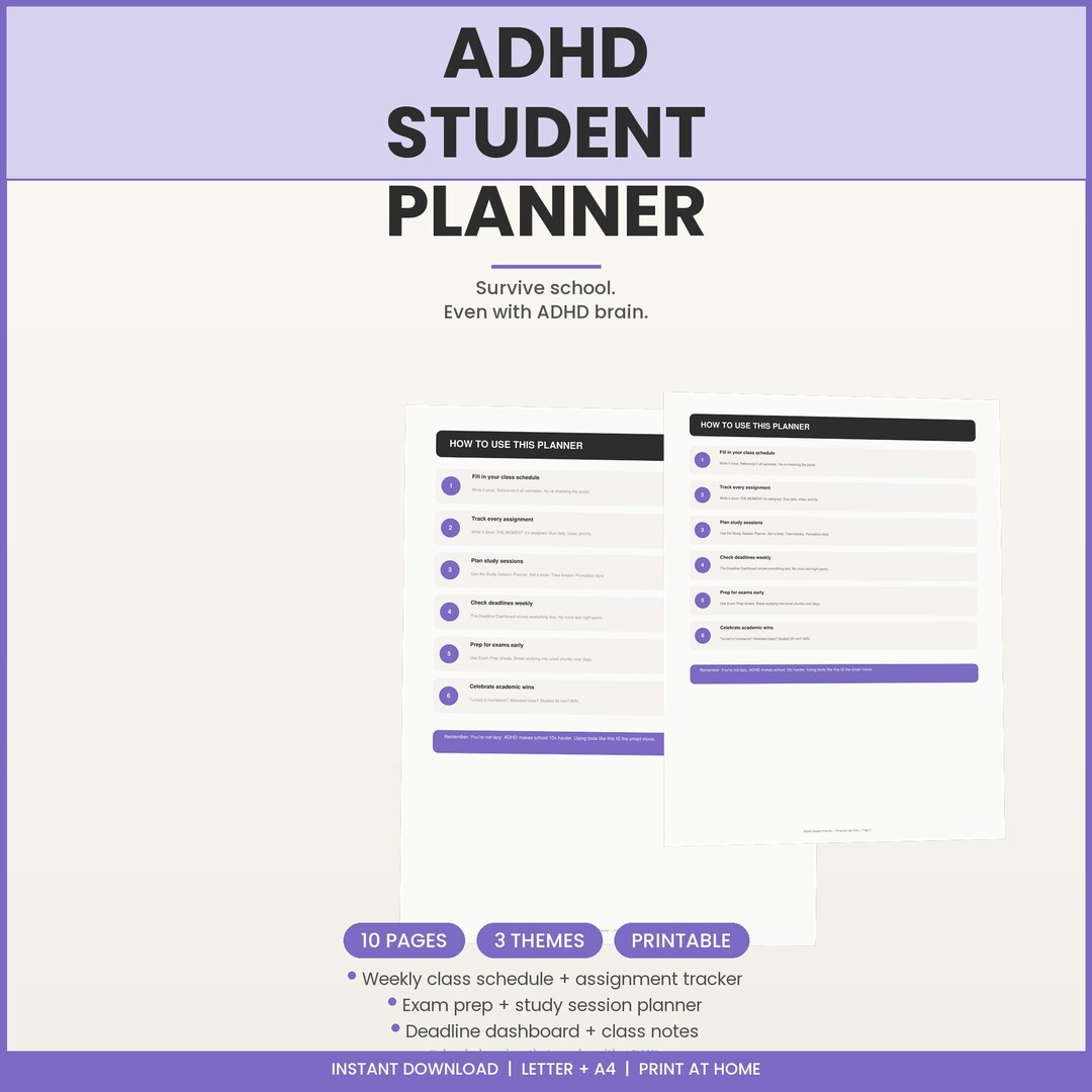 ADHD Student Planner Printable, Assignment Tracker Exam Prep Study ...