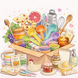 May include: An illustration of a cardboard box filled with kitchen and baking supplies. Includes measuring spoons, a whisk, a wooden spoon, a honey dipper, a grater, a grapefruit slice, and seed packets. Also includes a mug of tea, a candle, and a crocheted hen.