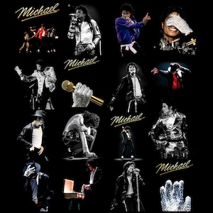 Puede incluir: Un collage de imágenes de Michael Jackson en varias poses y atuendos. Las imágenes están sobre un fondo negro, con el nombre "Michael" en escritura dorada. Las imágenes incluyen tomas de actuaciones y primeros planos, mostrando su estilo icónico.