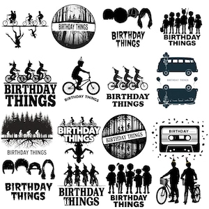 Puede incluir: Una colección de diseños gráficos en blanco y negro con siluetas de bicicletas, niños y escenas de bosque. El texto "BIRTHDAY THINGS" está incluido en varios diseños, junto con una ilustración de cinta de cassette.