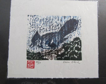 American Blue Jay Bird Woodblock print Engraving Moku Hanga Japanese Washi signed Clark