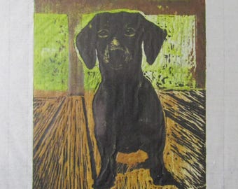 Dachshund Dog puppy hand carved woodcut woodblock print Japanese moku hanga washi paper signed Kevin Clark