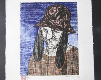 My Goofy Friend portrait hand carved woodcut woodblock print Japanese moku hanga washi paper signed Clark