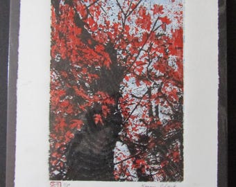 Twisted Red Leaf Maple Tree original hand carved woodblock print Japanese Moku Hanga signed Clark