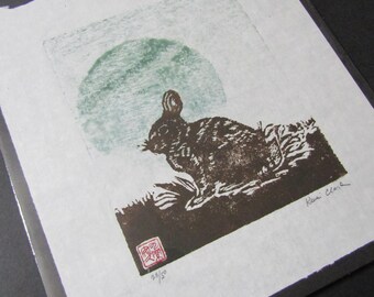 Rabbit Moon, Bunny Hare Hand Carved Woodblock Print Japanese Washi
