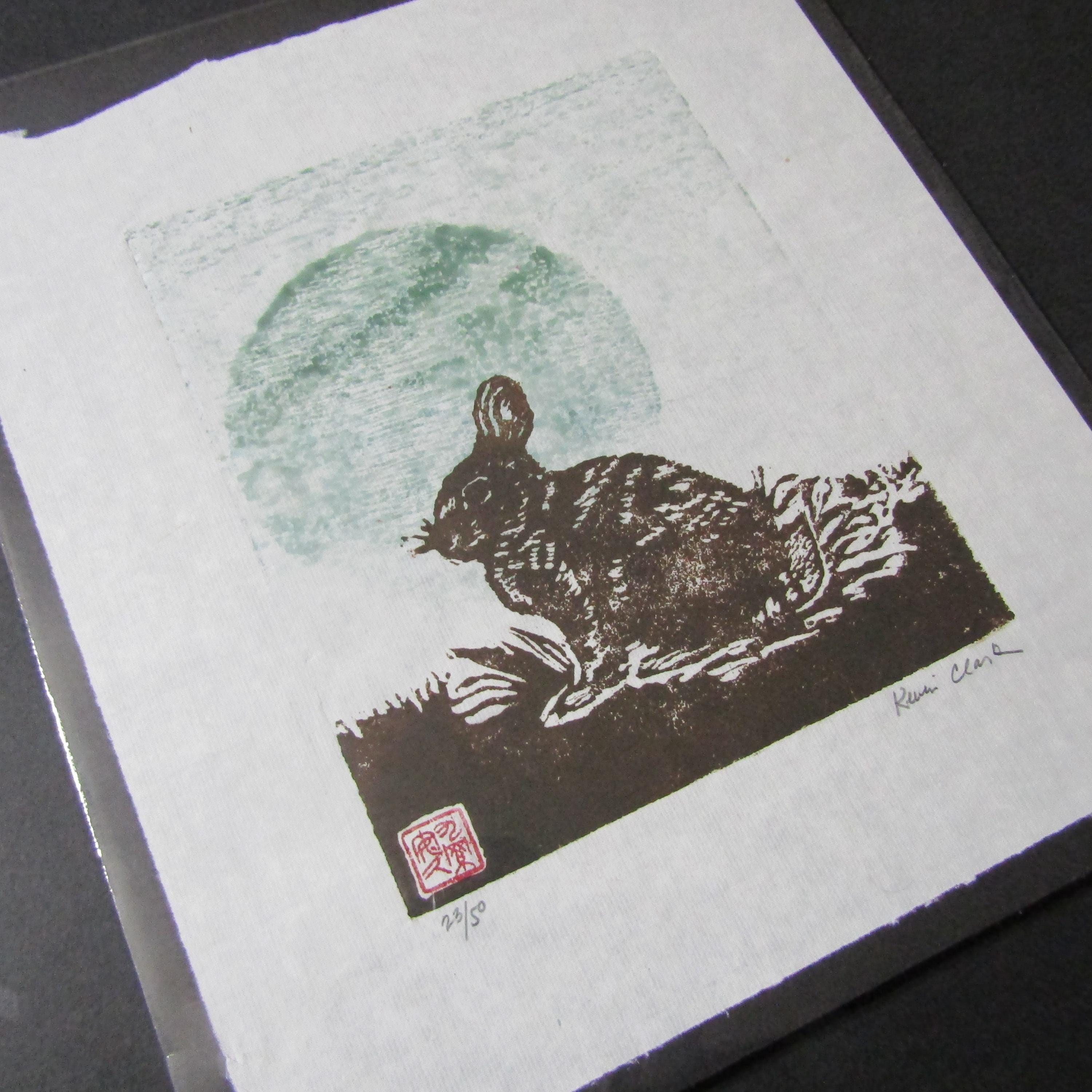 Rabbit Moon, Bunny Hare Hand Carved Woodblock Print Japanese Washi