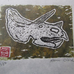 Dinosaur skull Triceratops fossil original Woodblock print Engraving Moku Hanga Japanese Washi signed Clark