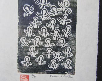 YMCA Swimming Pool crowd Modern Party original hand carved woodblock print woodcut Moku Hanga Japanese washi paper signed Kevin Clark