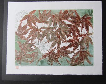 Japanese Maple Tree leaf Large hand carved woodcut woodblock print Moku Hanga signed Kevin Clark