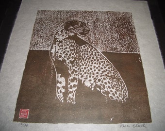 Cheetah Cat hand carved woodcut woodblock print Japanese washi paper signed Kevin Clark