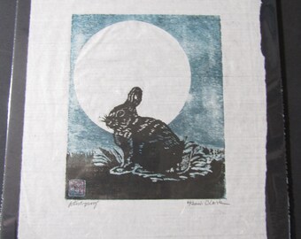 うさぎの月、ウサギの手彫り木版画、和紙、サイン入りプルーフ - Etsy 日本