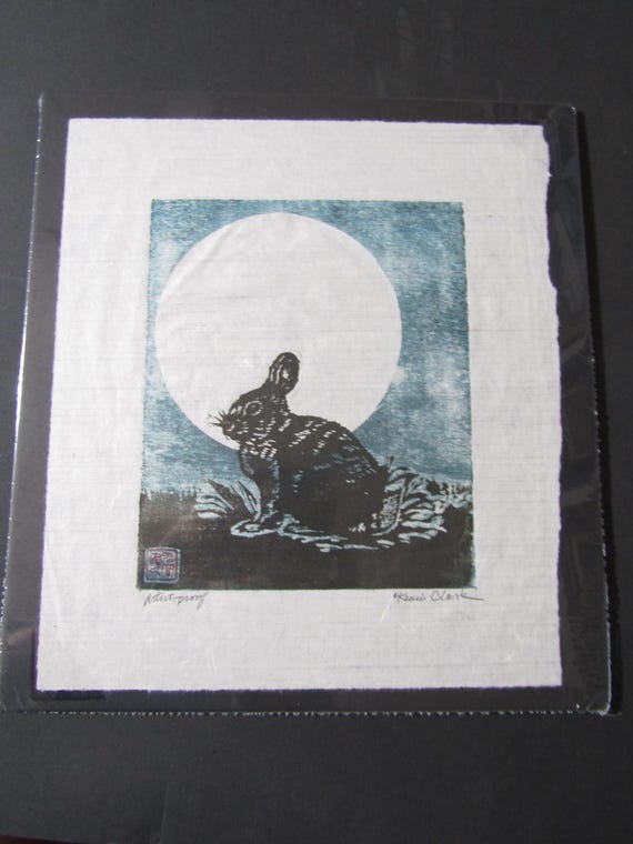 うさぎの月、ウサギの手彫り木版画、和紙、サイン入りプルーフ - Etsy 日本