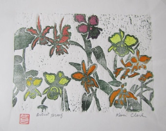 Orchid Greenhouse Flowers woodcut engraving hand carved woodblock print Japanese moku hanga washi paper signed Clark