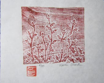 Thistle Bush Landscape original woodcut hand carved woodblock print Moku Hanga Japanese washi paper signed Kevin Clark
