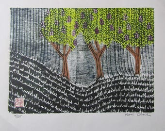 Fruit Tree Garden Landscape original woodcut hand carved woodblock print Moku Hanga Japanese washi paper signed Kevin Clark