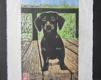 Dachshund Dog puppy hand carved woodcut woodblock print Japanese moku hanga washi paper signed Kevin Clark