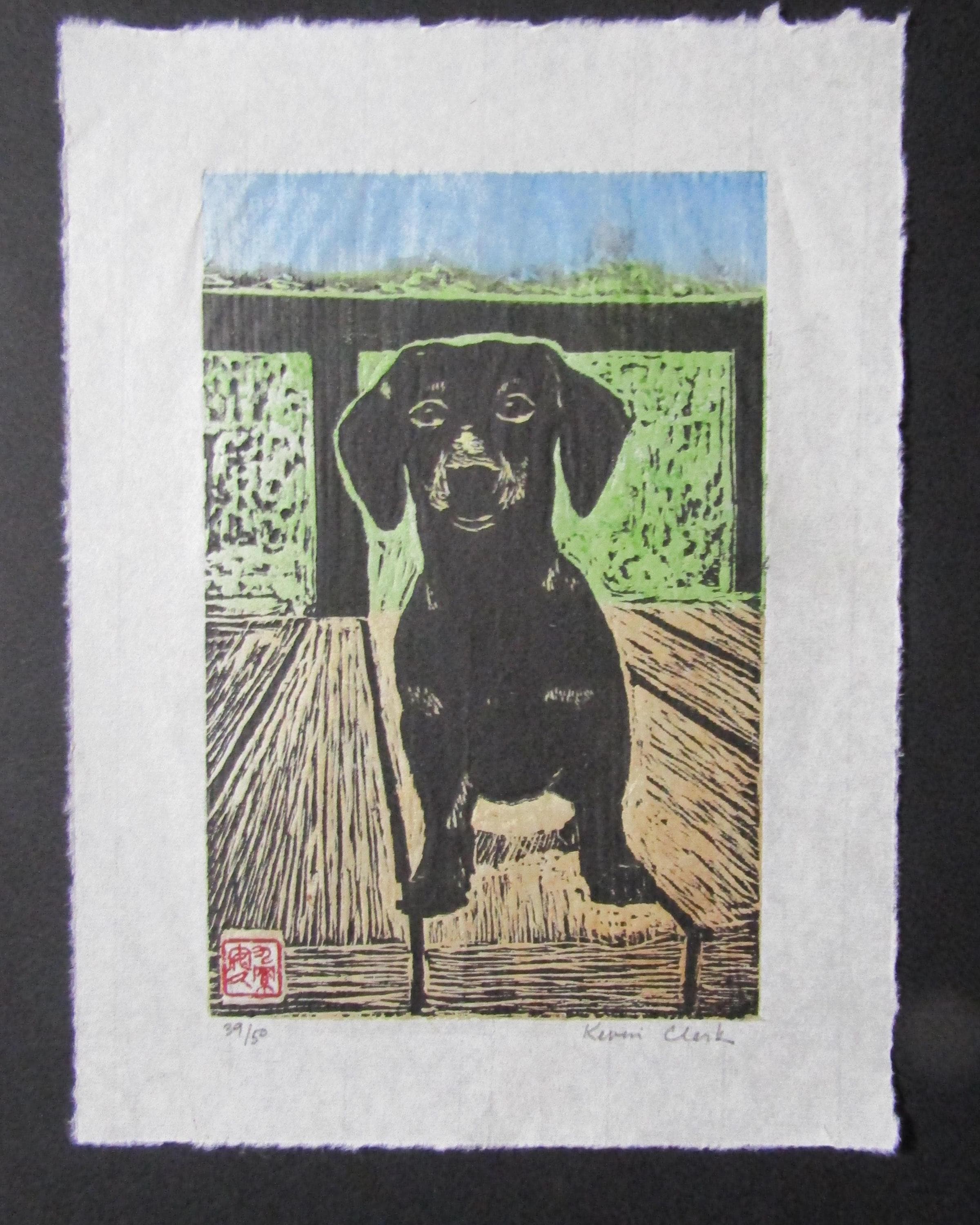 Dachshund Dog Puppy Hand Carved Woodcut Woodblock Print Japanese