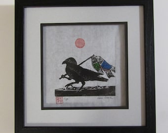 Yata Karasu 3 legged Crow Yatagarasu Koinobori Fish Kite hand carved woodblock print Japanese washi paper signed Kevin Clark CUSTOM FRAMED!