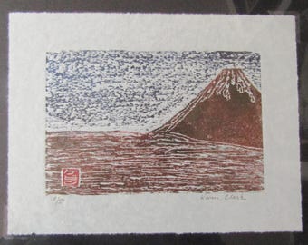 Red Fuji mountain Japan original hand carved woodcut woodblock print Moku Hanga Japanese washi paper signed Kevin Clark
