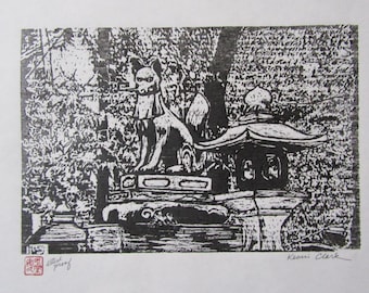 Guardian Fox lantern Fushimi Inari Kyoto hand carved woodblock print Japanese washi paper signed Kevin Clark