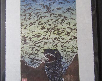 Kaiju godzilla-like monster dinosaur and his Murder Japanese Bird or Bat Flock hand carved woodblock print Japanese washi paper signed Clark