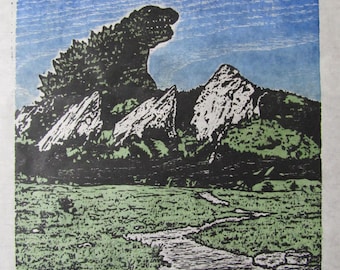 original woodblock print Japanese Moku Hanga godzilla kaiju monster Flatirons Rocky Mountains Colorado UC Boulder signed Kevin Clark