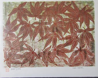 Japanese Maple leaf & Bamboo Large hand carved woodcut woodblock print Moku Hanga signed Kevin Clark