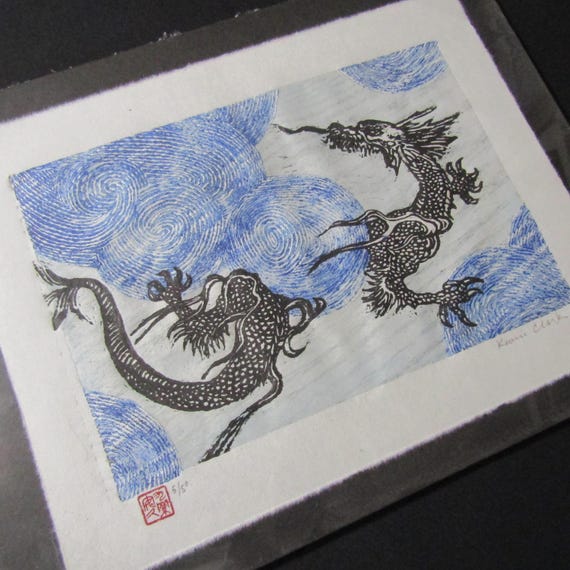 Dragon Cloud Ryu Liu Hand Carved Woodcut Woodblock Print Japanese