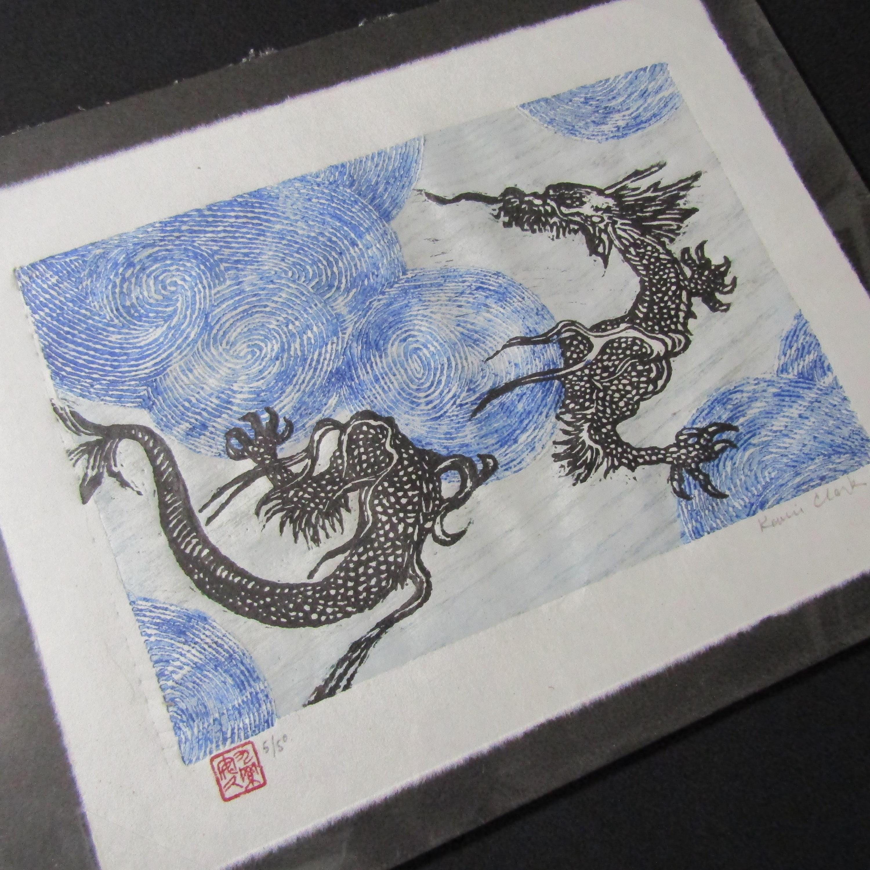 Dragon Cloud Ryu Liu Hand Carved Woodcut Woodblock Print Japanese