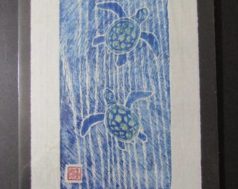 Ocean Sea Turtles Kame hand carved woodcut woodblock print Japanese moku hanga washi paper signed Kevin Clark