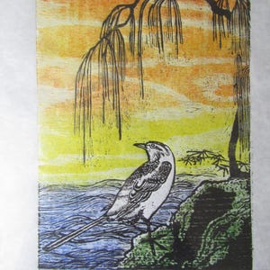 Sekirei wagtail Bird original hand carved woodblock print woodcut Banhua Japanese Moku Hanga signed Clark