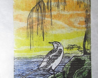 Sekirei Wagtail Bird Original Hand Carved Woodblock Print Woodcut