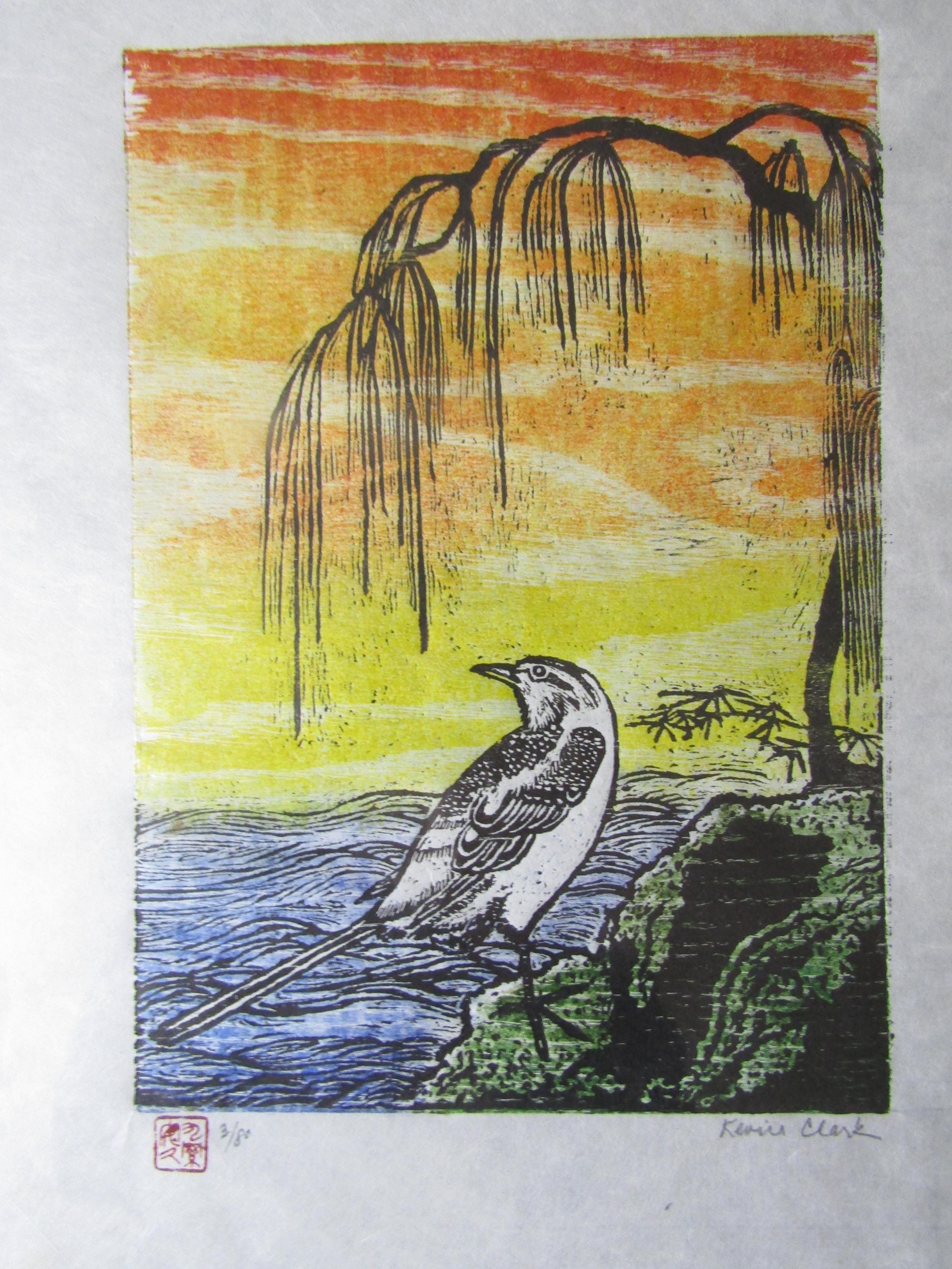 うり絵ksんsk Sekirei Wagtail Bird Original Hand Carved Woodblock Print Woodcut