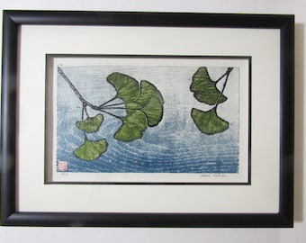 Ginkgo Tree Branch Leaf hand carved woodblock print Moku Hanga Japanese washi paper signed and beautifully framed