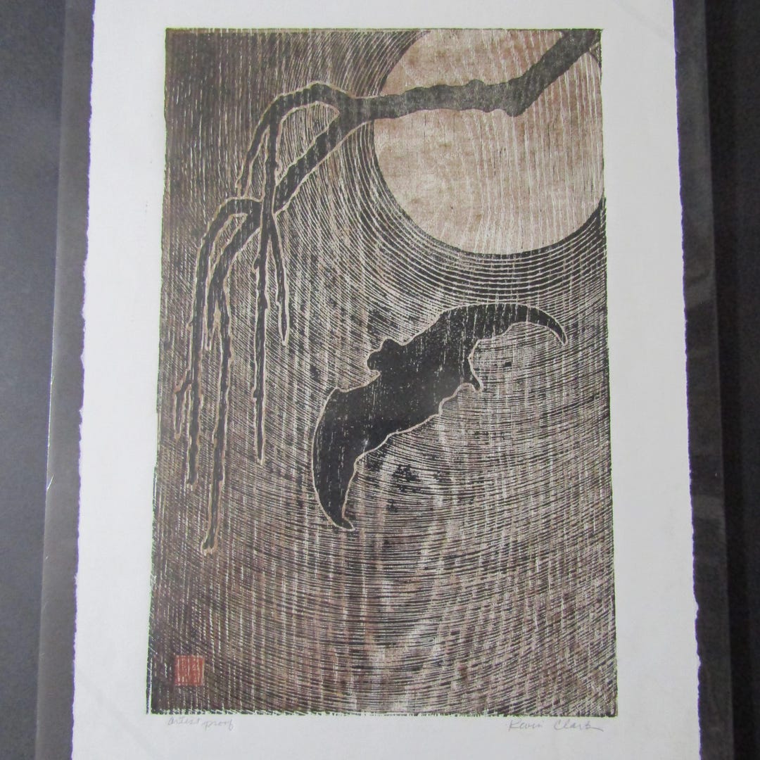 Dead Branch Bat Moon Koumori Hand Carved Woodcut Woodblock Print