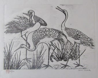Crane Tsuru Sagi original hand carved woodcut woodblock print Moku Hanga Japanese washi paper signed Kevin Clark