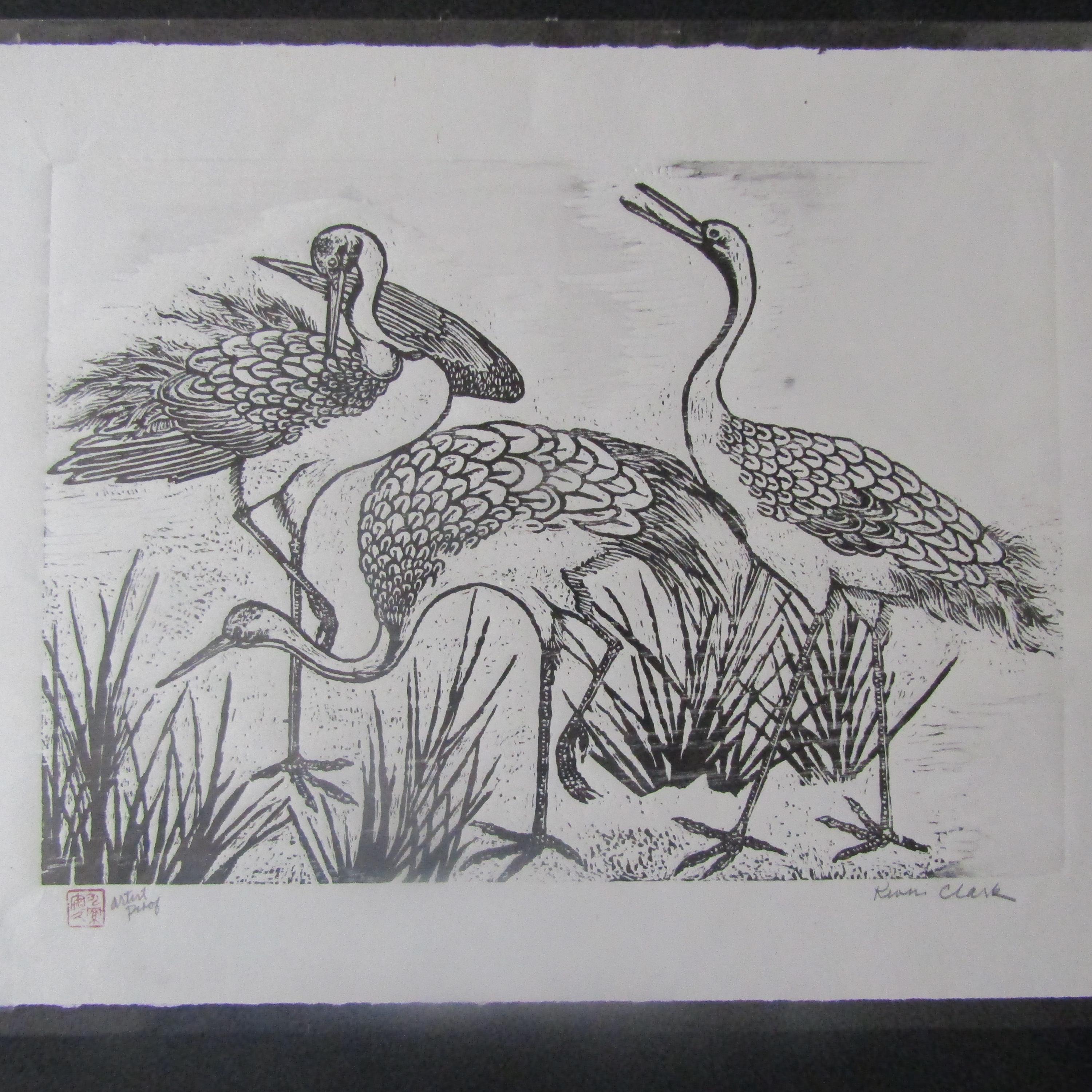 Crane Tsuru Sagi Original Hand Carved Woodcut Woodblock Print Moku