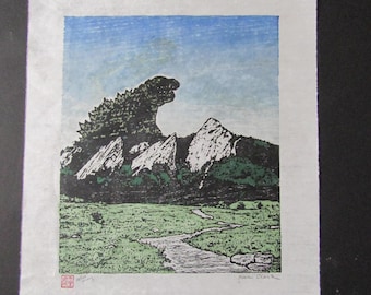 original woodblock print Japanese Moku Hanga godzilla kaiju monster Flatirons Rocky Mountains Colorado UC Boulder signed Kevin Clark