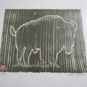 American Bison Buffalo original hand carved woodblock print  Moku Hanga Japanese washi paper signed Kevin Clark