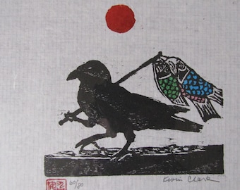 Yata Karasu 3 legged Crow Yatagarasu Koinobori Fish Kite hand carved woodcut woodblock print Japanese moku hanga washi paper signed Clark