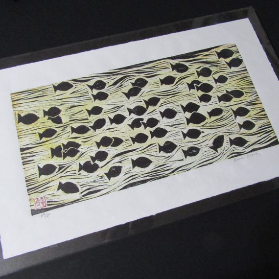 テセウス kakawow スクリプトアートカード /75 Big Fish School Hand Carved Woodcut Woodblock Print Japanese Moku