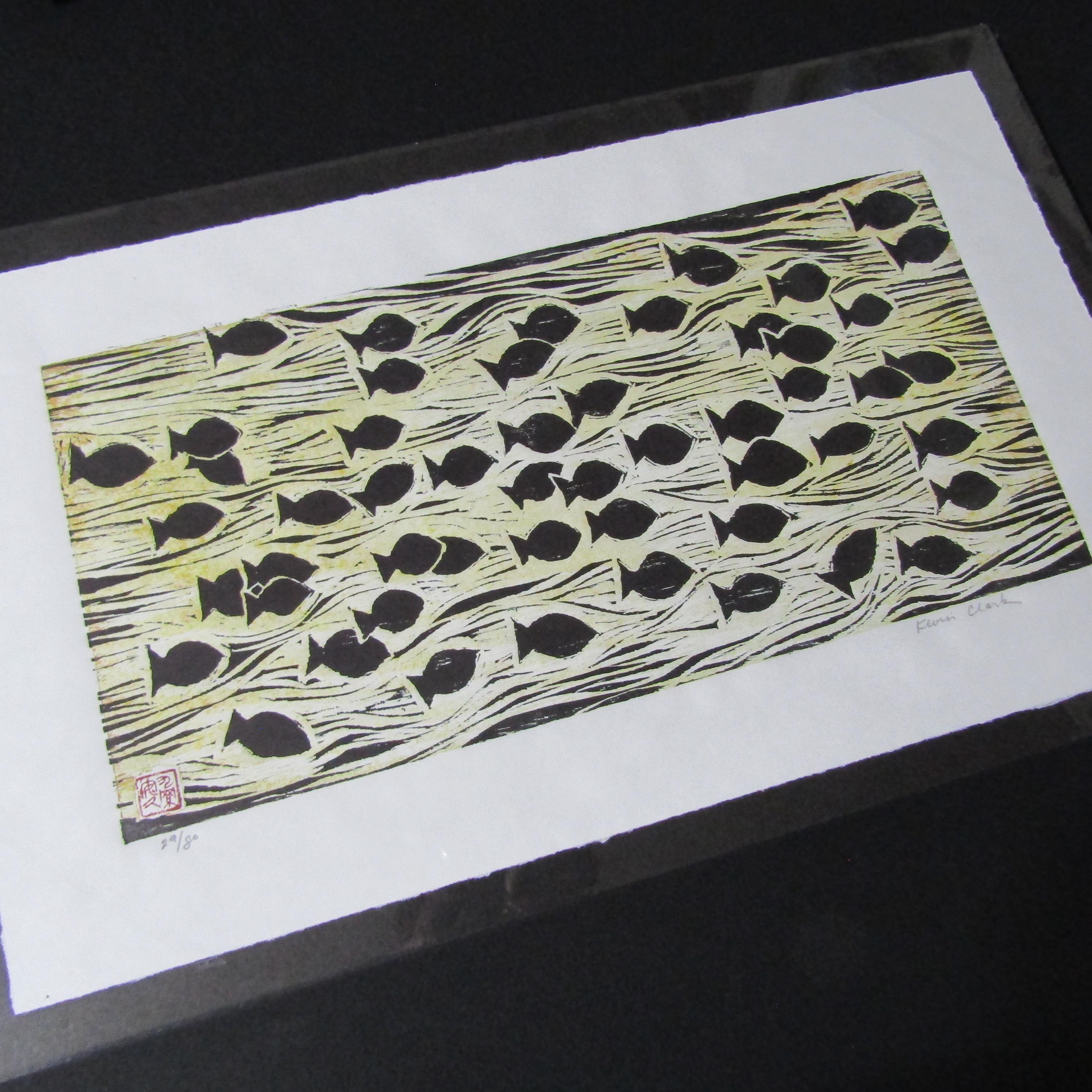 【縁起物】高級 開店 額　魚一網（黒文字・白木）　JOA-293 Big Fish School Hand Carved Woodcut Woodblock Print Japanese Moku