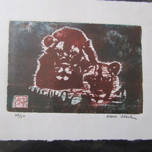 Lion Cat Lioness Woodblock print woodcut Engraving Chinese Banhua Moku Hanga Japanese Washi signed Clark