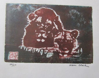 Lion Cat Lioness Woodblock print woodcut Engraving Chinese Banhua Moku Hanga Japanese Washi signed Clark