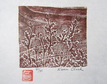 Thistle Bush Landscape original woodcut hand carved woodblock print Moku Hanga Japanese washi paper signed Kevin Clark